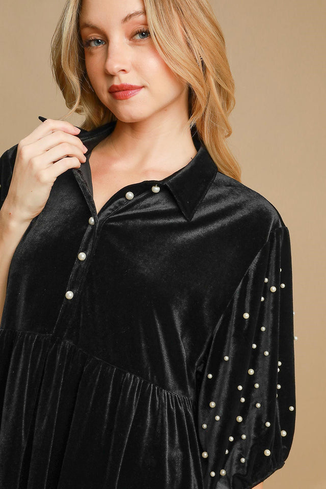 Umgee Pearl Detail Half Sleeve Velvet Babydoll Blouse | Hanalas