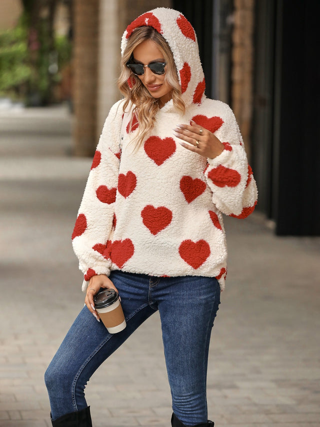 Fuzzy Heart Pocketed Dropped Shoulder Hoodie | Hanalas