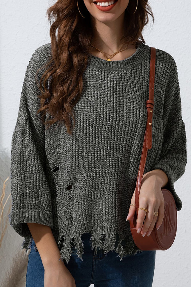 Distressed Round Neck Drop Shoulder Sweater | Hanalas