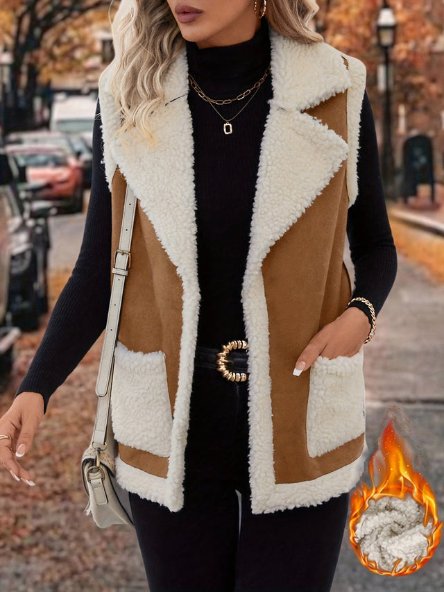 Full Size Contrast Open Front Sherpa Vest Coat | Hanalas