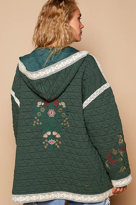 POL Embroidered Open Front Quilted Jacket with Crochet Pockets | Hanalas