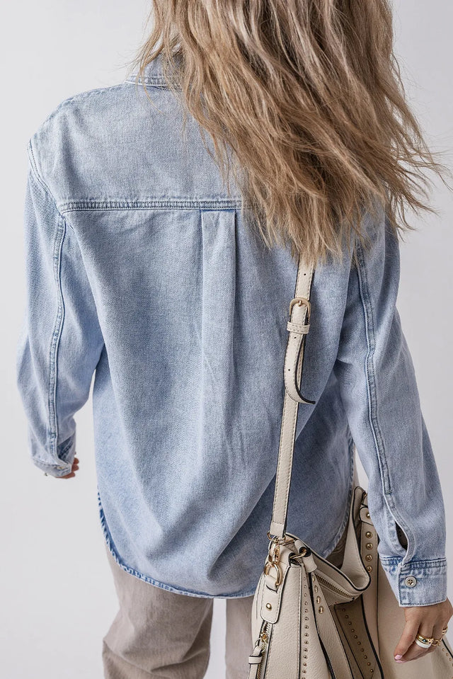 Pocketed Collared Neck Denim Top Trendsi Hanalas