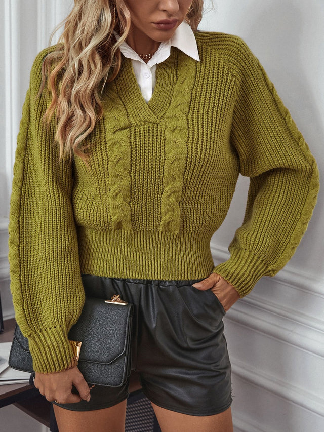 Cable-Knit Collared Neck Faux Layered Sweater | Hanalas