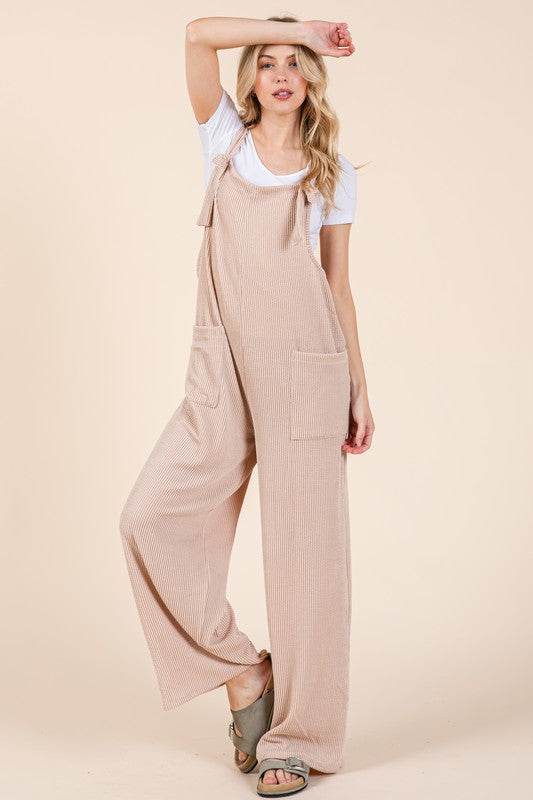 BOMBOM Knot Straps Wide Leg Ribbed Overalls with Pockets | Hanalas