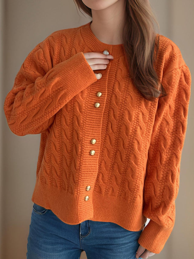 Cable-Knit Round Neck Long Sleeve Cardigan Trendsi Hanalas