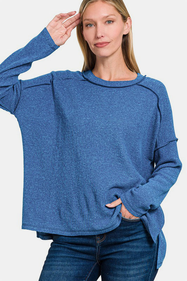 Zenana Full Size Exposed Seam Brushed Round Neck Sweater | Hanalas