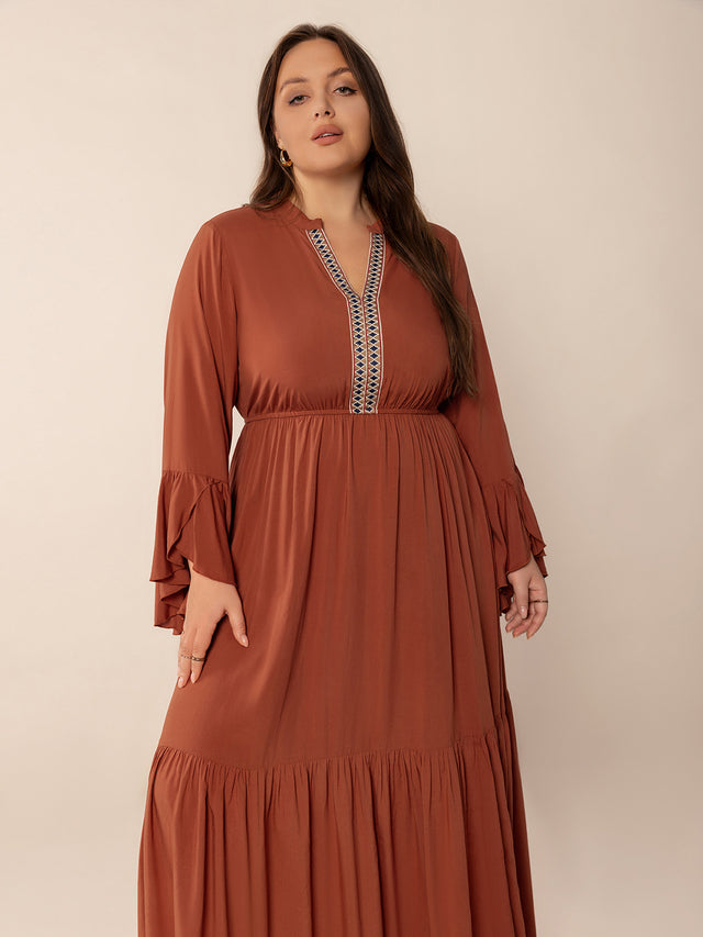 Plus Size Ruffled Notched Long Sleeve Midi Dress Trendsi Hanalas