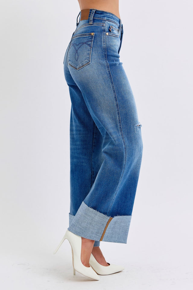 Judy Blue Full Size Distressed High Waist Wide Leg Jeans | Hanalas