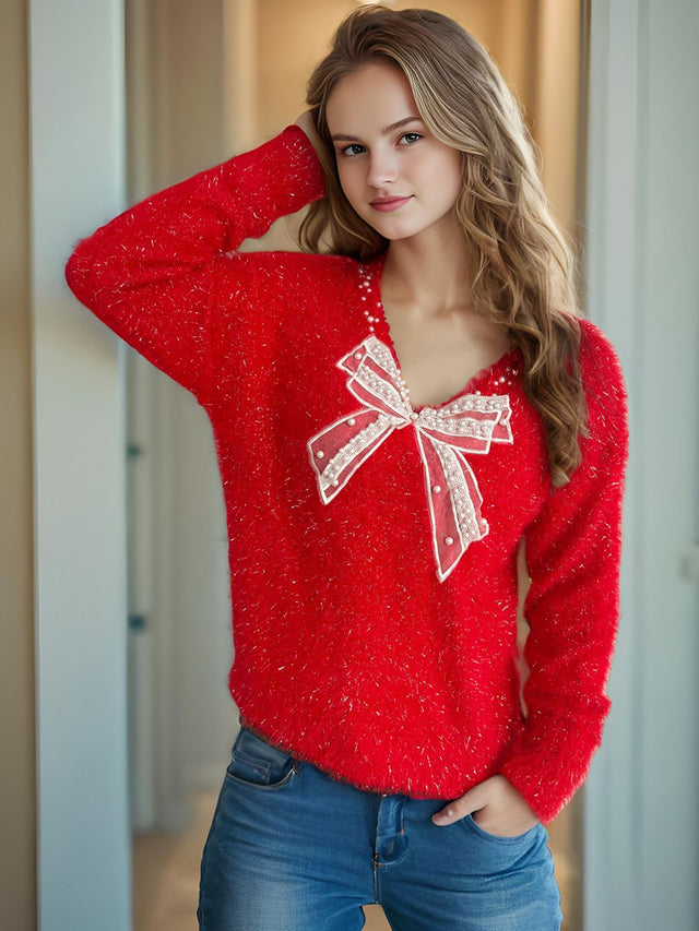 Bow Pearl Detail V-Neck Long Sleeve Sweater Trendsi Hanalas