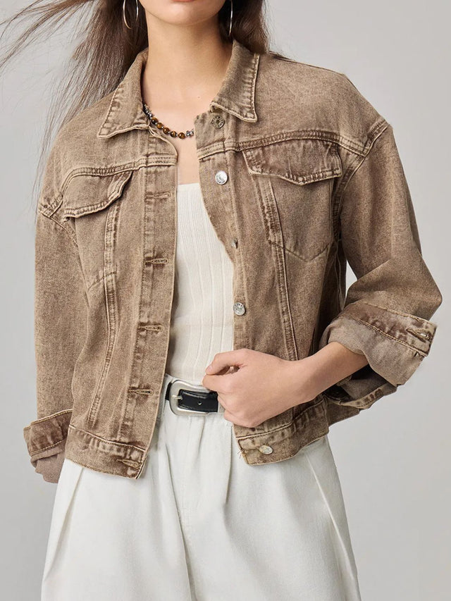 Pocketed Collared Neck Denim Jacket | Hanalas