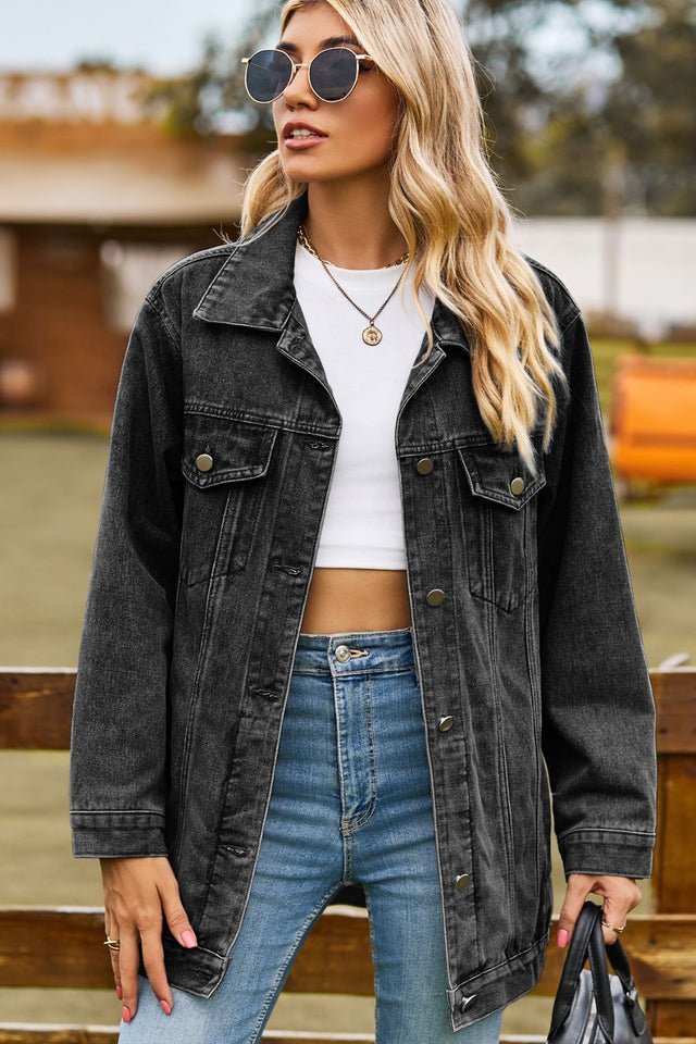 Buttoned Collared Neck Denim Jacket with Pockets Trendsi Hanalas