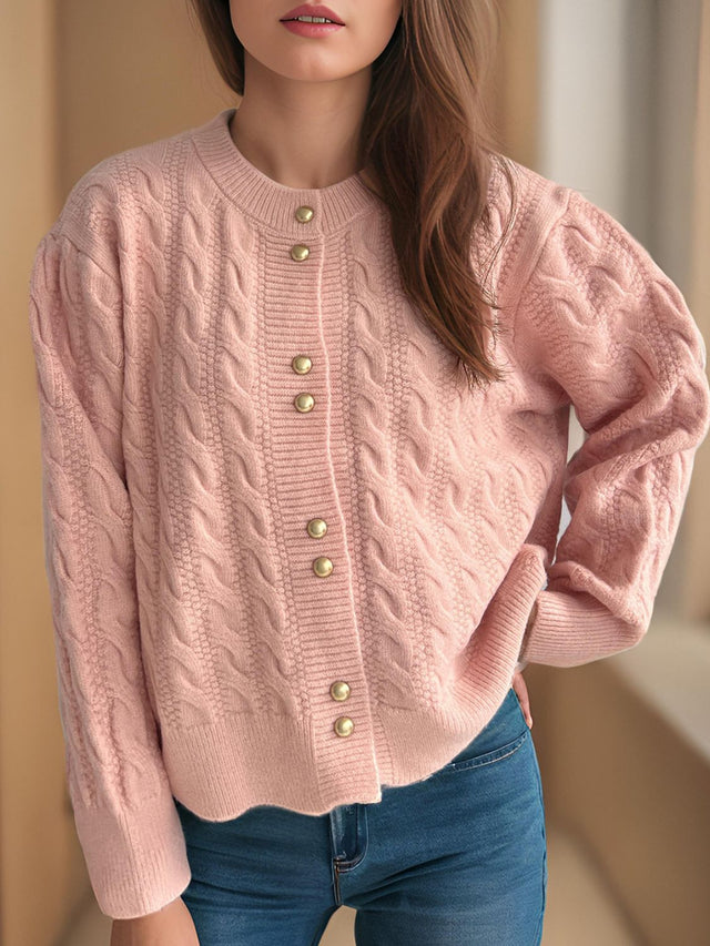 Cable-Knit Round Neck Long Sleeve Cardigan Trendsi Hanalas