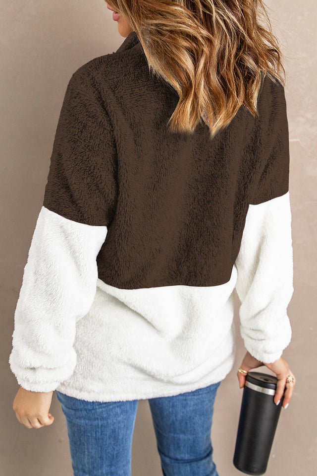 Color Block Half Zip Long Sleeve Fuzzy Sweatshirt | Hanalas