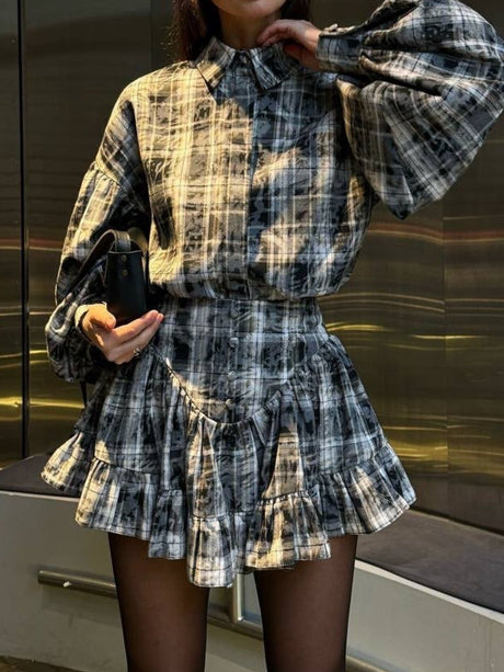 Lantern Sleeve Shirt and Ruffled Skirt Set | Hanalas