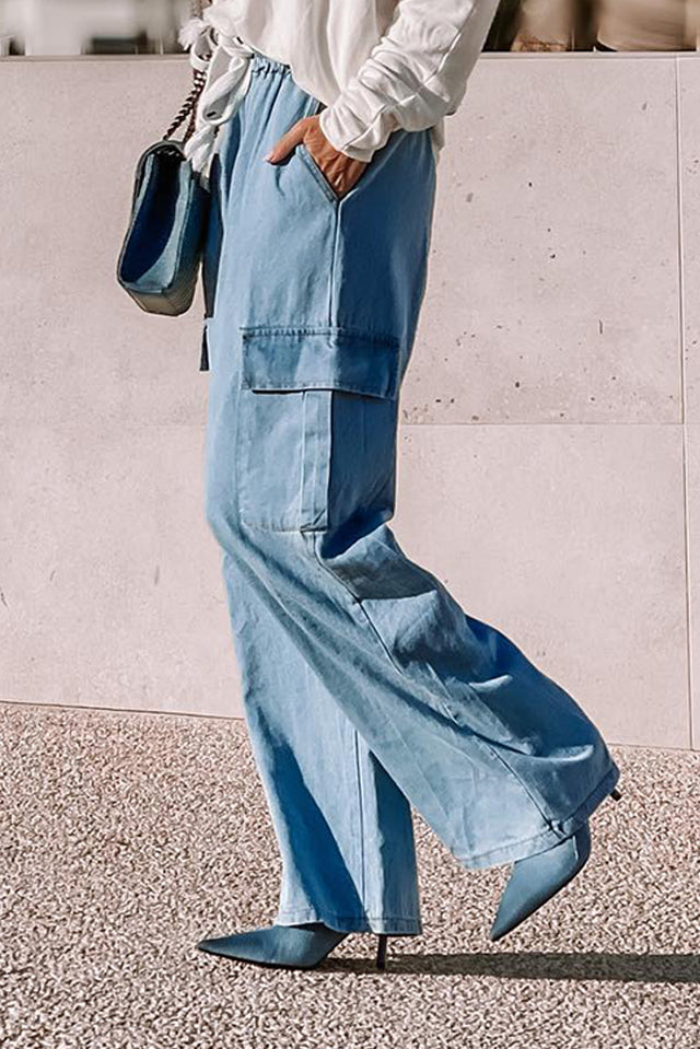 Drawstring Cargo Pocket Wide Leg Jeans | Hanalas