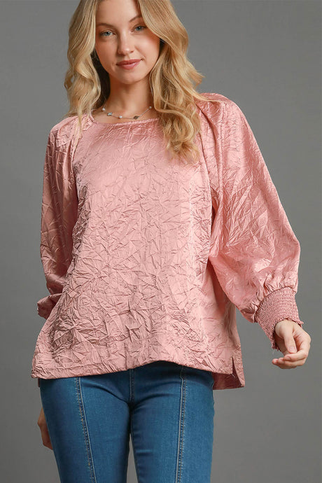 Umgee Wrinkled Round Neck Lantern Sleeve Blouse | Hanalas