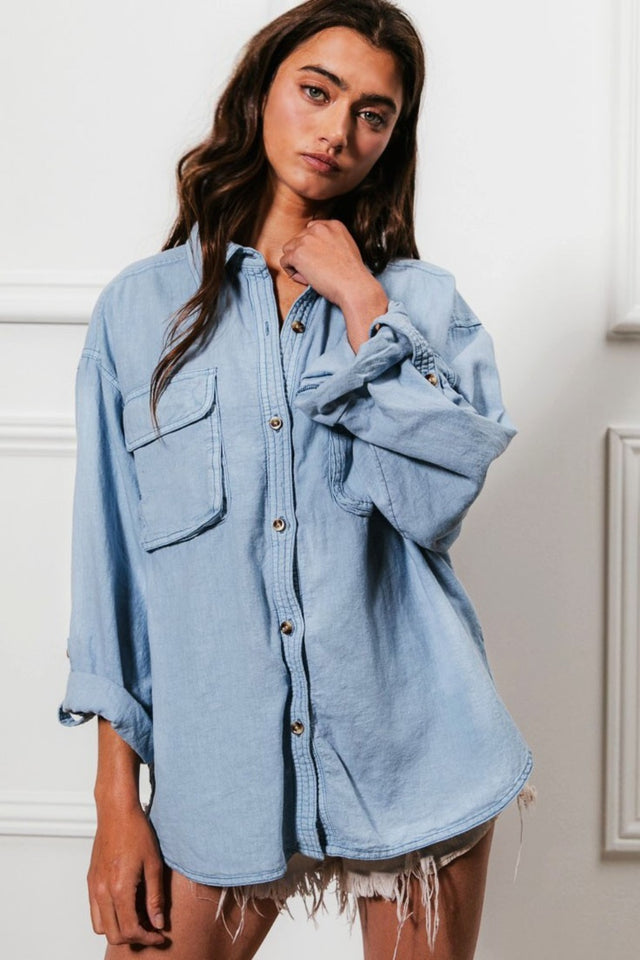 BiBi Button Down Stitch Detail Shirt with Chest Pockets | Hanalas