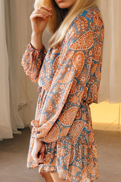 Ruffle Hem Printed Long Sleeve Dress Trendsi Hanalas