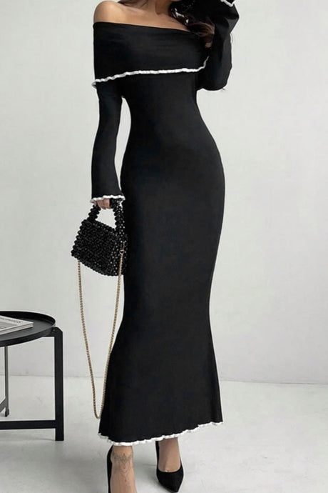Contrast Trim Off-Shoulder Long Sleeve Maxi Sweater Dress | Hanalas