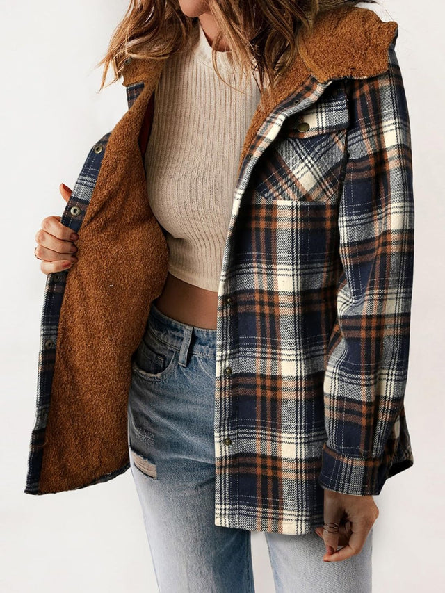 Plaid Snap Down Plush Hooded Jacket | Hanalas