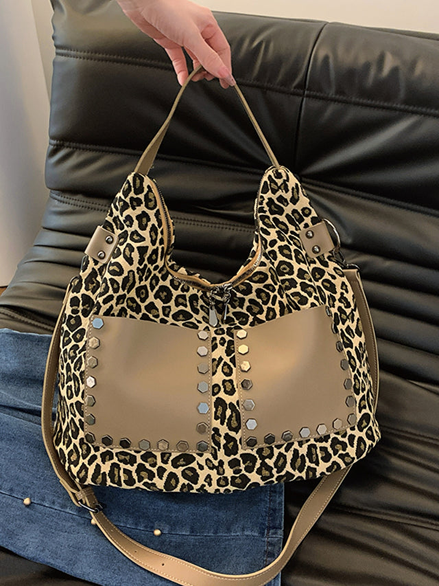 Leopard Polyester Shoulder Bag with Zippers Trendsi Hanalas