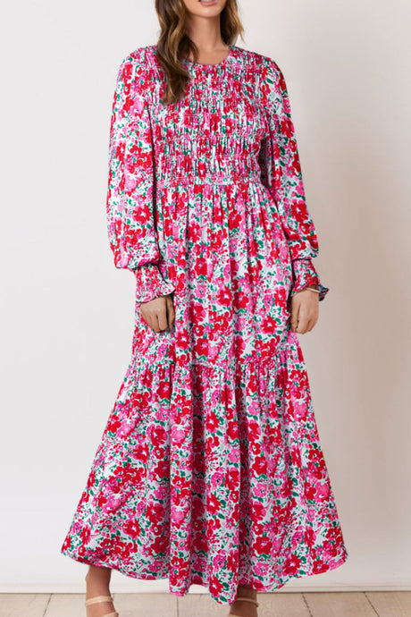 Printed Round Neck Lantern Sleeve Maxi Dress Trendsi Hanalas