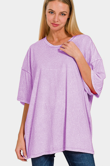 Zenana Full Size Washed Round Neck Drop Shoulder Oversized T-Shirt | Hanalas