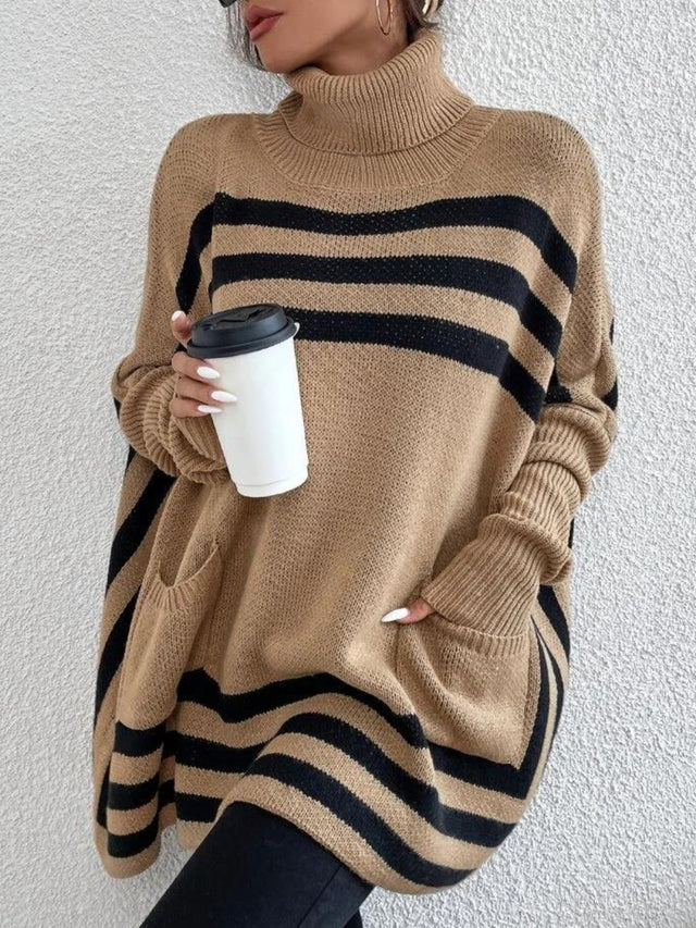 Striped Turtleneck Batwing Sleeve Sweater with Pockets | Hanalas