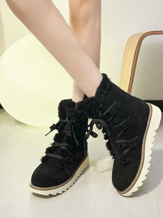 Faux Fur Lace Up Round Toe Boots | Hanalas