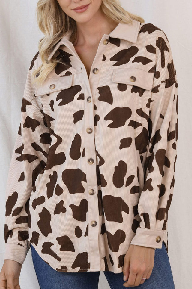 Cow Print Button Up Corduroy Shacket | Hanalas