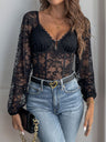 Perfee Lace V-Neck Long Sleeve Bodysuit Trendsi Hanalas