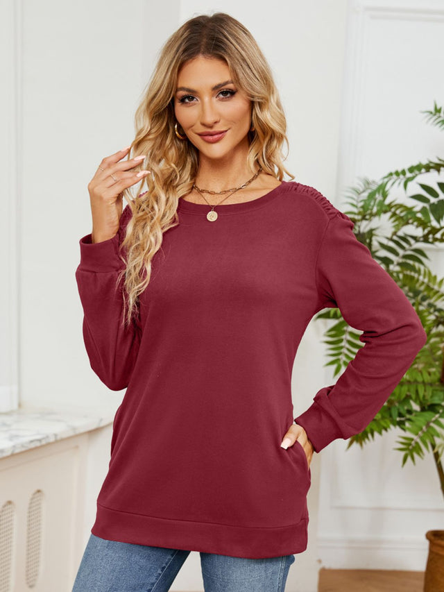 Ruched Shoulder Round Neck Long Sleeve Sweatshirt | Hanalas