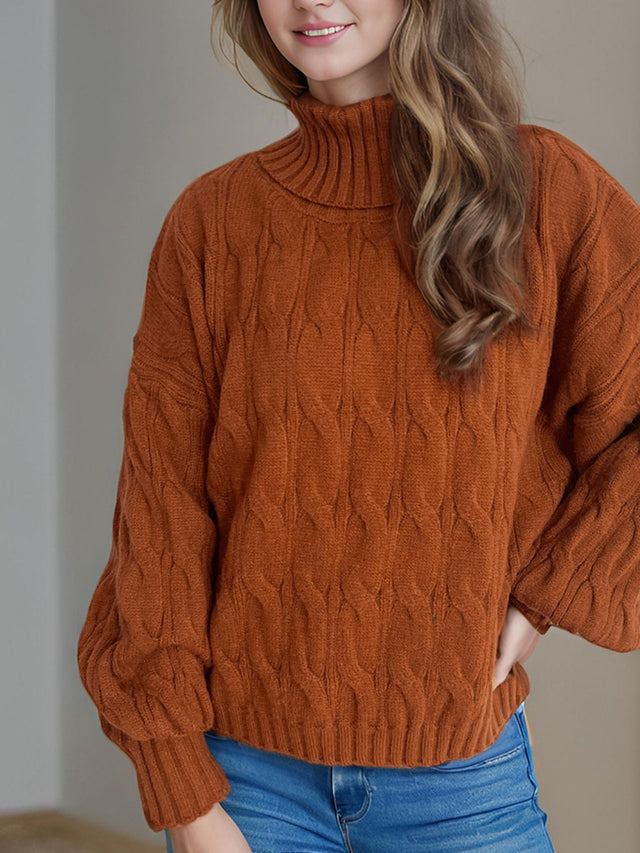 Cable-Knit Turtleneck Long Sleeve Sweater Trendsi Hanalas