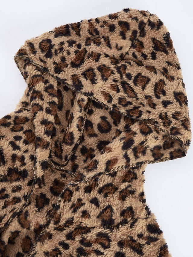 Fuzzy Leopard Long Sleeve Hooded Jacket | Hanalas