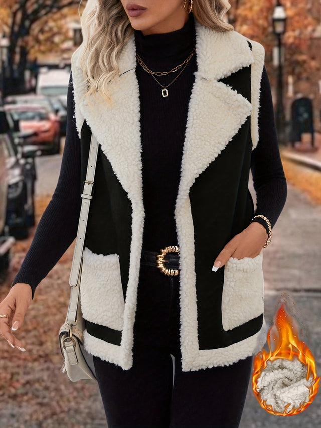 Full Size Contrast Open Front Sherpa Vest Coat | Hanalas