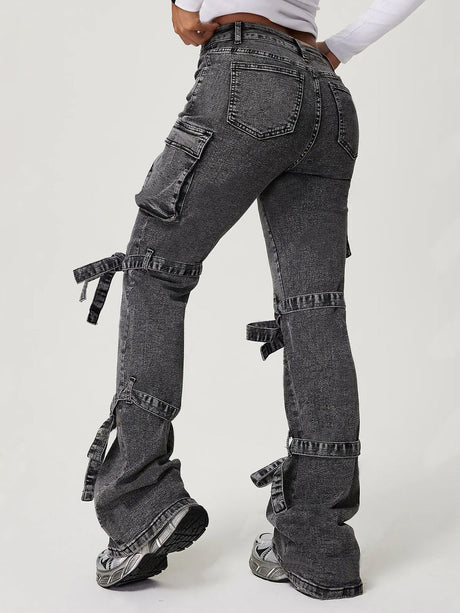 Bow Tied Mid Rise Jeans with Cargo Pockets | Hanalas