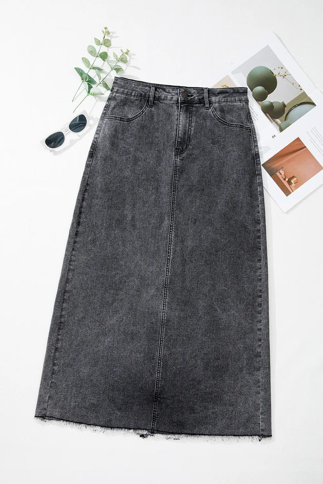 Raw Hem Midi Denim Skirt with Pockets Trendsi Hanalas