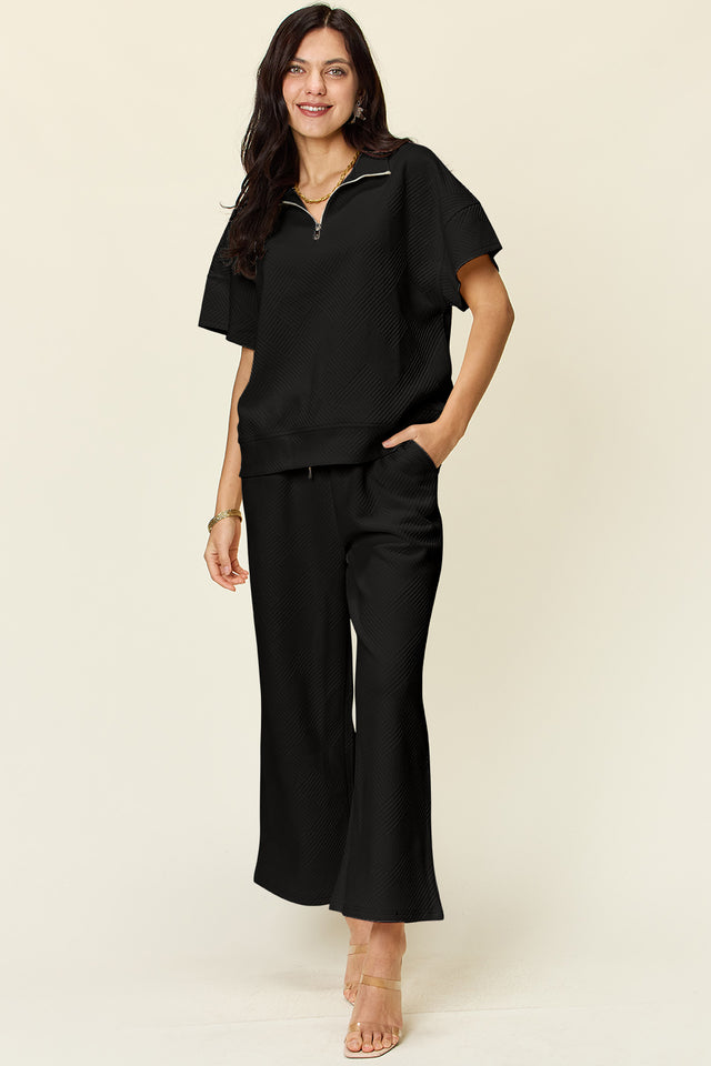 Double Take Full Size Texture Half Zip Short Sleeve Top and Pants Set | Hanalas