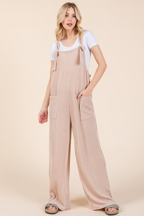 BOMBOM Knot Straps Wide Leg Ribbed Overalls with Pockets | Hanalas