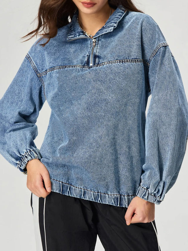 Quarter Zip Collared Neck Denim Top | Hanalas