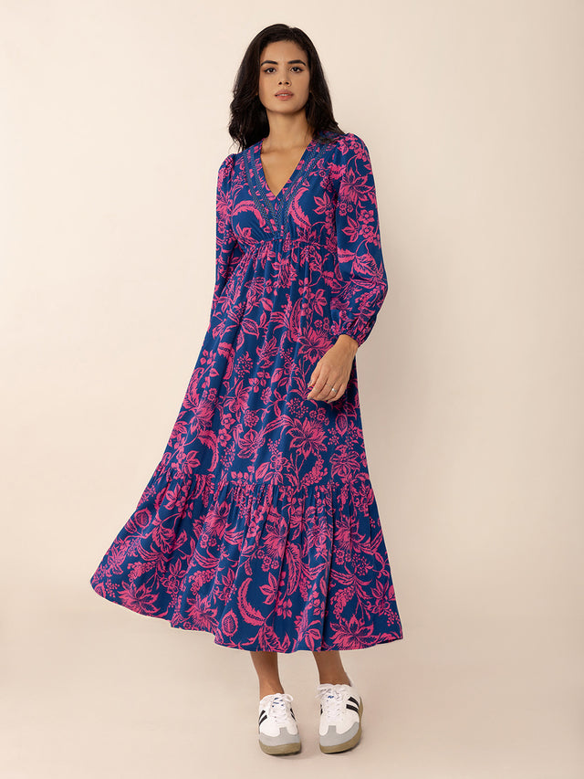 Printed V-Neck Long Sleeve Midi Dress Trendsi Hanalas