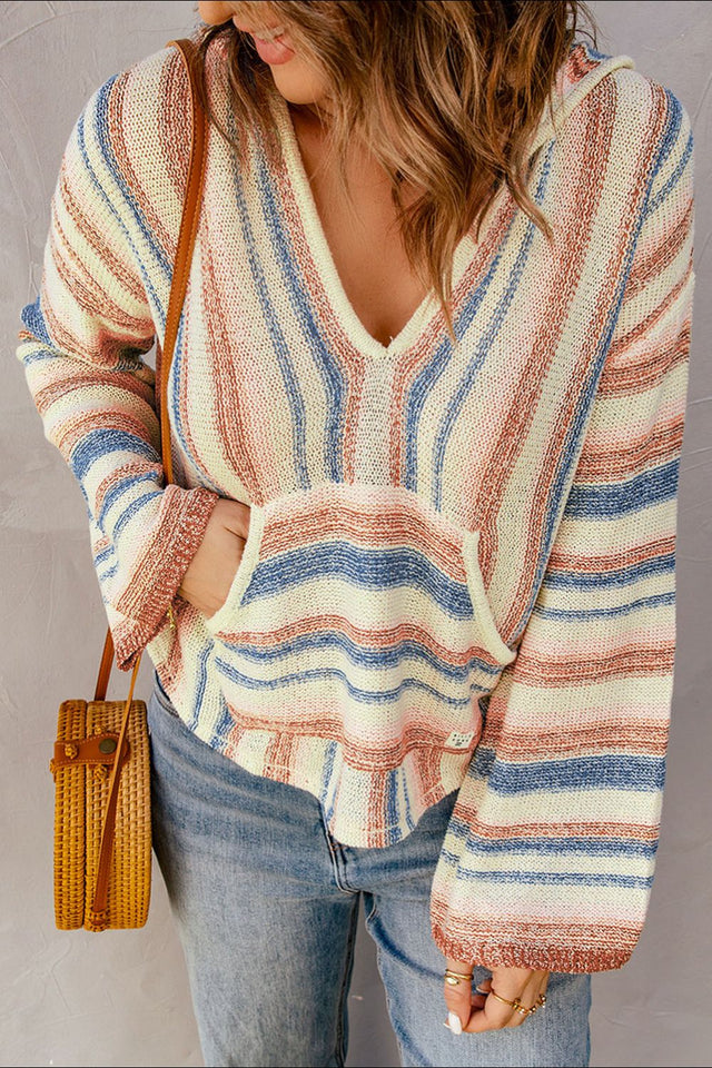 Contrast Striped Dropped Shoulder Hooded Knit Top | Hanalas