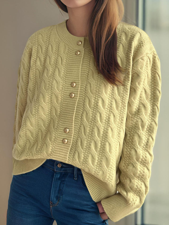 Cable-Knit Round Neck Long Sleeve Cardigan Trendsi Hanalas