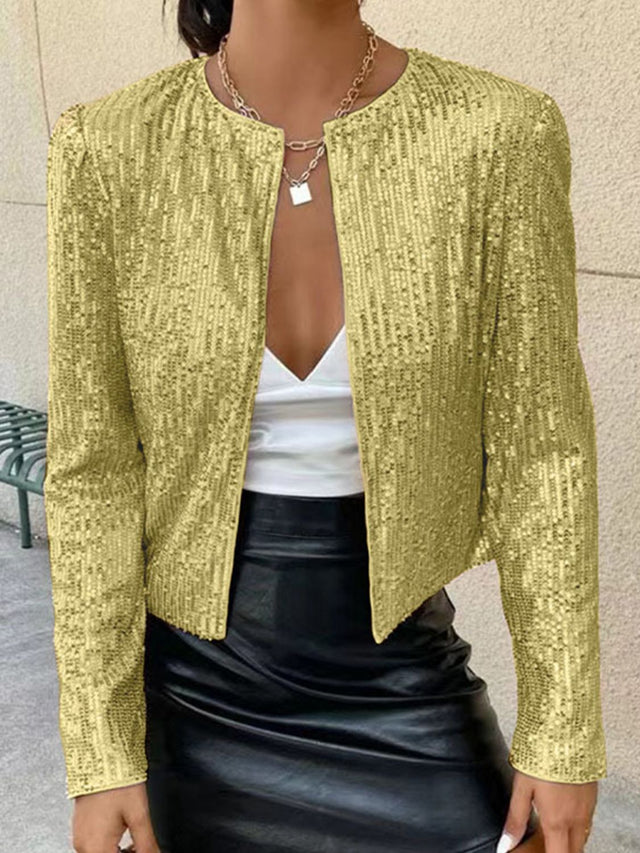 Full Size Sequin Open Front Cropped Jacket | Hanalas