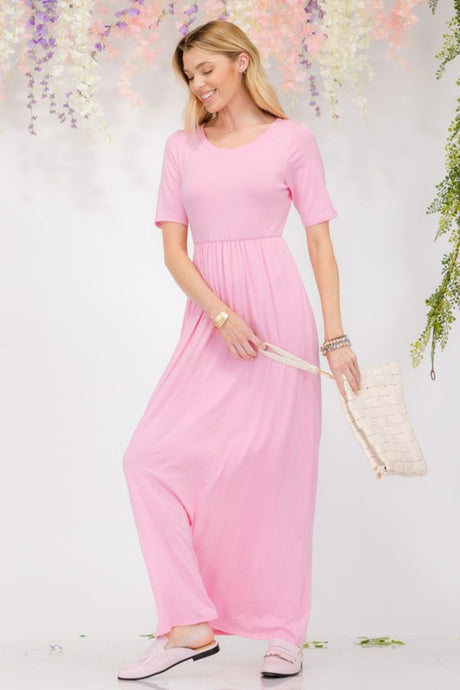 Celeste Plus Size Round Neck Short Sleeve Maxi Dress with Pockets | Hanalas