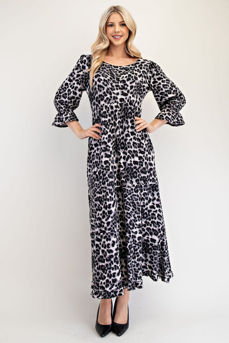 Celeste Full Size Leopard Round Neck Flounce Sleeve Dress | Hanalas