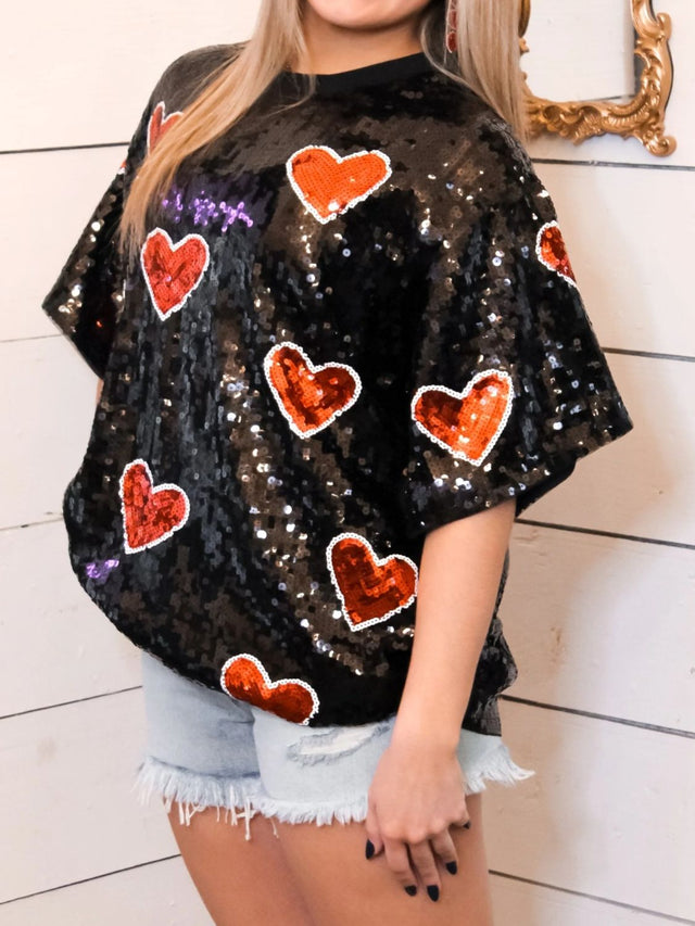 Valentine’s Day Sequin Heart Round Neck Half Sleeve Top | Hanalas