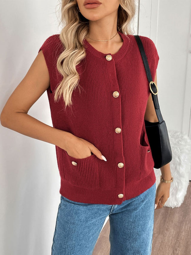 Perfee Pocketed Round Neck Cap Sleeve Cardigan | Hanalas