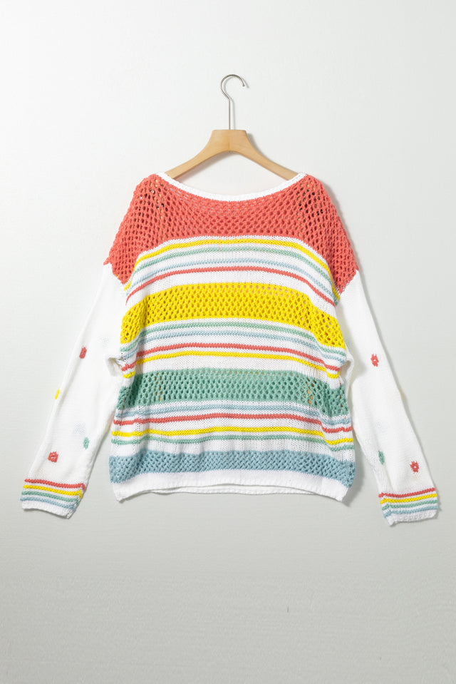 Hollow Striped Color Block Round Neck Sweater | Hanalas