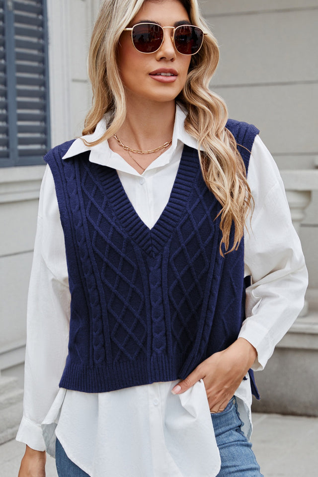 Cable-Knit V-Neck Sweater Vest | Hanalas